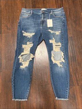 Women’s Skinny Distressed Blue Jeans - Ripped Stretch Denim